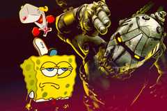 Spongebob looks bored next to Borderlands 4 key art depicting a Psycho.