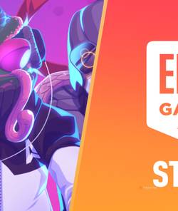 super space club alien next to the epic games store logo on an orange background.
